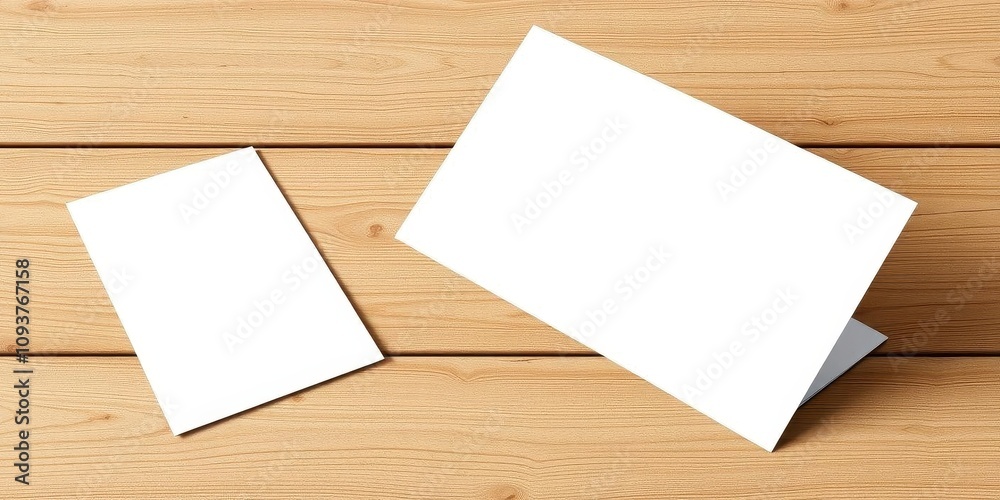 An elegant bifold brochure mockup design on a wooden table, marketing, corporate, mock-up An elegant bifold brochure mockup design on a wooden table, marketing, corporate, mock-up