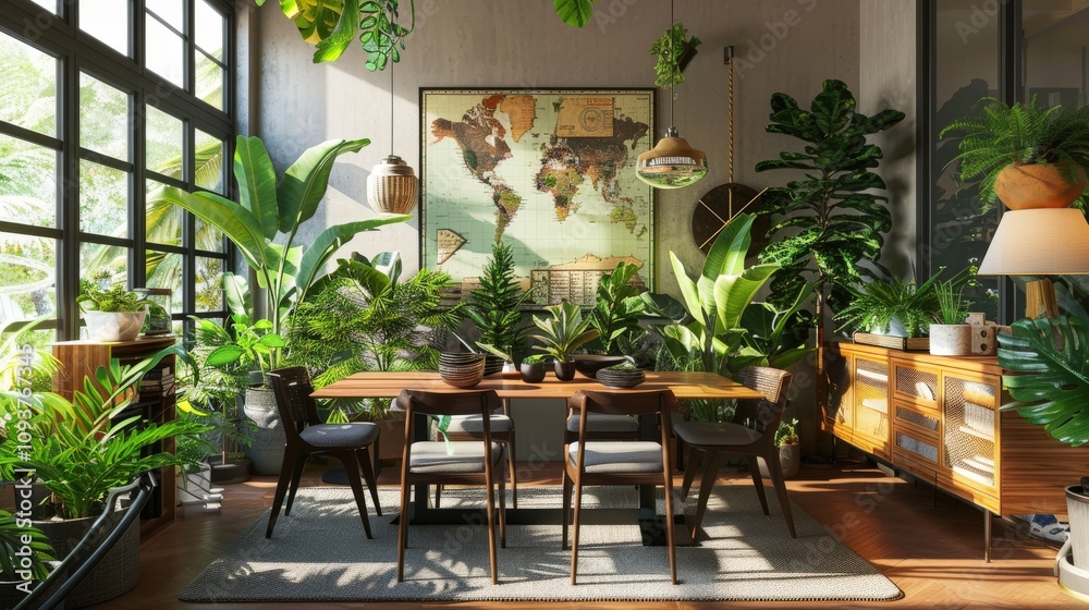 Botanical Dining Oasis with Craft Wooden Table and Lush Plants Botanical Dining Oasis with Craft Wooden Table and Lush Plants