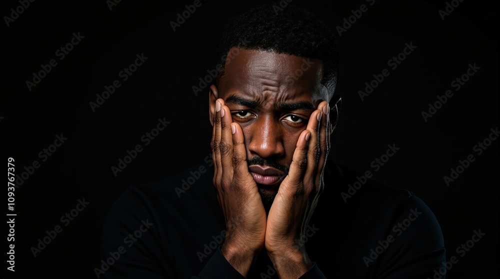 Pensive black man contemplating in dark background Pensive black man contemplating in dark background