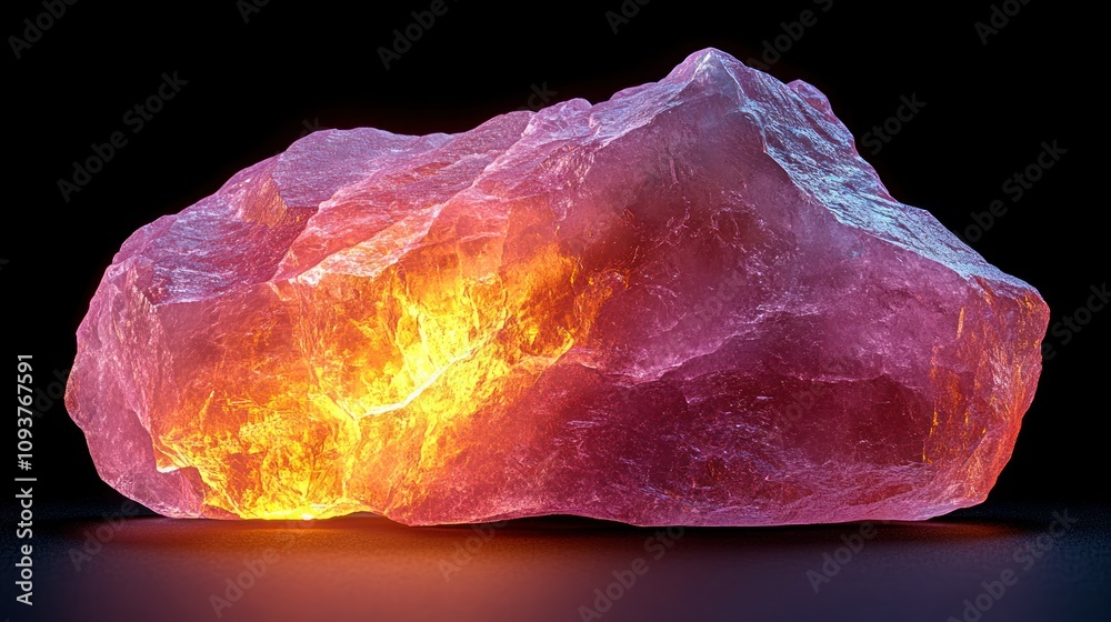 Fototapeta premium Glowing pink crystal rock on black background.