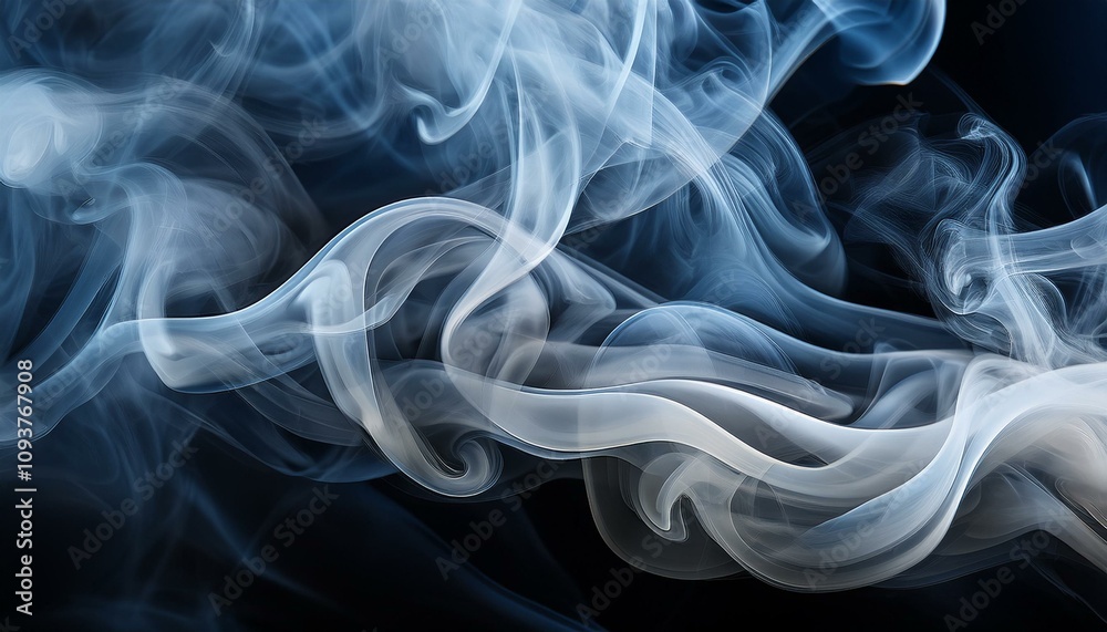 Abstract swirls of blue and white smoke against a black background. A mesmerizing display of ethereal beauty. Abstract swirls of blue and white smoke against a black background. A mesmerizing display of ethereal beauty.