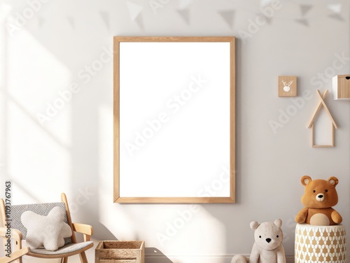 Nursery mockup featuring a blank vertical frame on a wall, rocking chair with a stuffed teddy, a large plush bear, and decor elements creating a serene and playful atmosphere