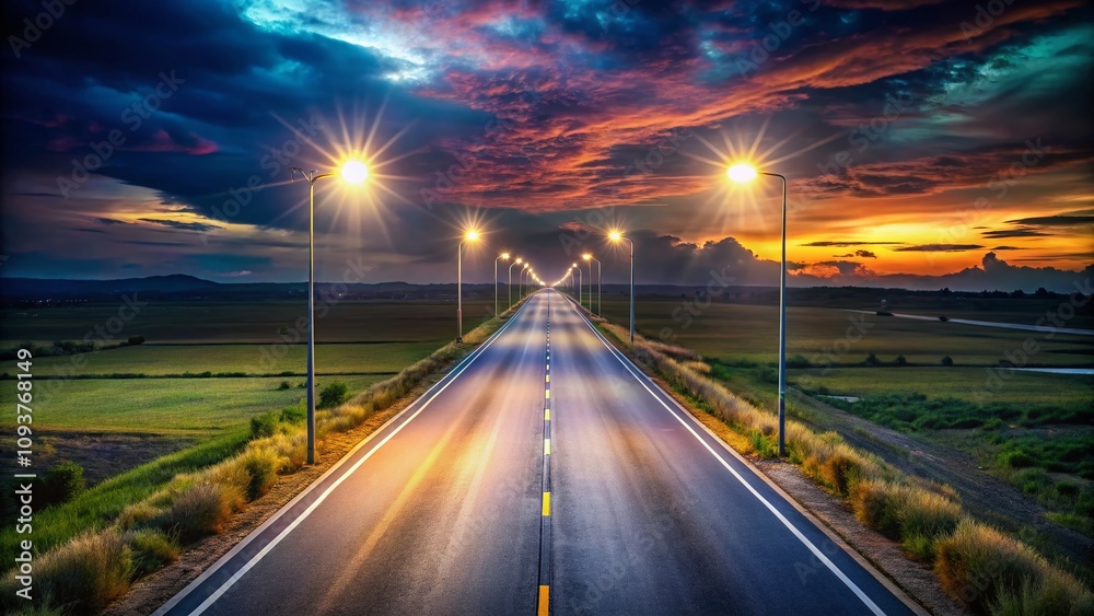 Fototapeta premium Aerial View of a Straight Asphalt Road at Night with Bright Lights and Shadows, Isolated on a Clean Background for Creative Projects and Presentations