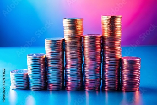 Aerial View of a Stacked Coin Arrangement Against a Vibrant Pink and Blue Background, Showcasing Financial Growth and Investment Concepts in a Creative and Captivating Way photo