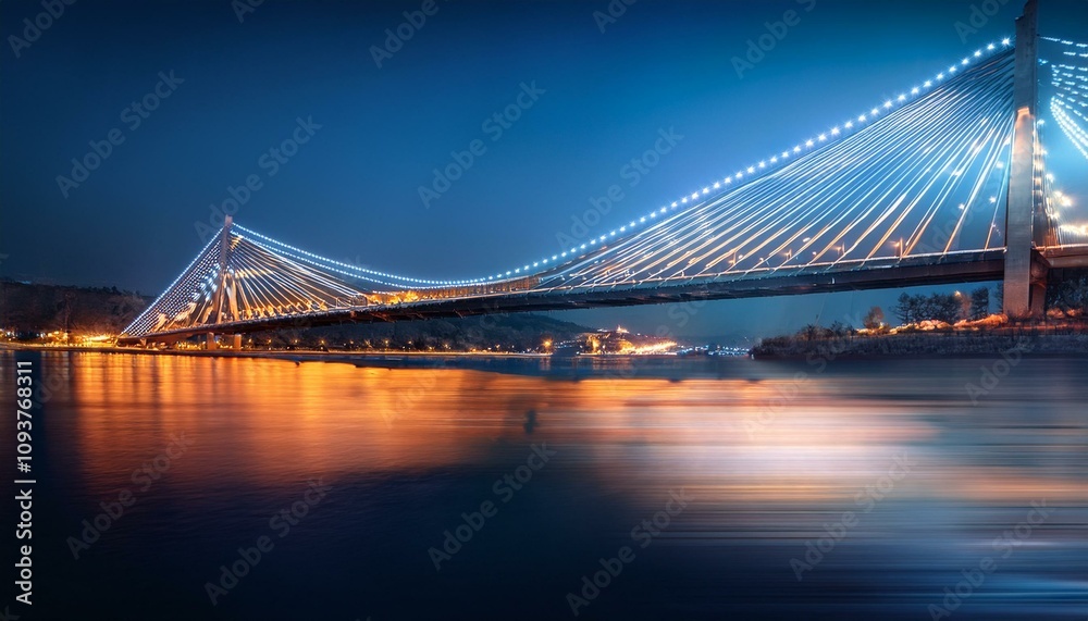 Fototapeta premium Night view of a modern cable-stayed bridge illuminated with blue and orange lights, reflecting on calm waters.