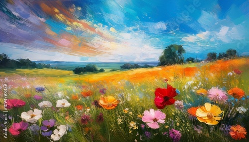 Vibrant wildflowers paint a picturesque landscape under a breathtaking sunset sky. The beauty of nature captured in a vivid oil painting.