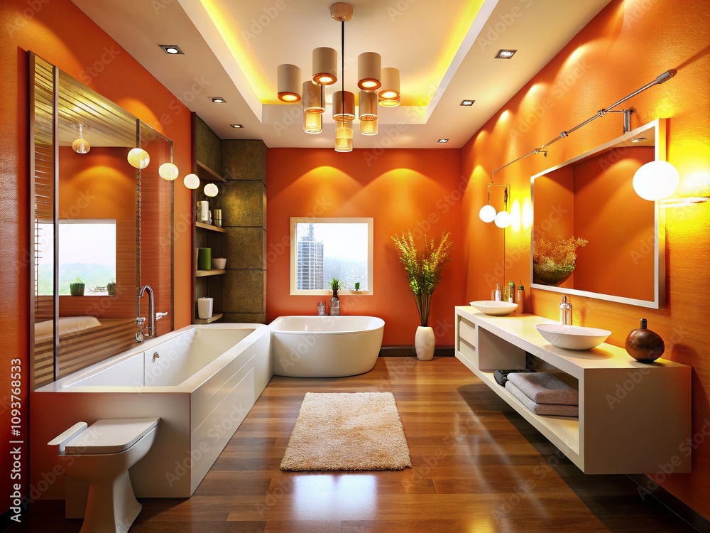 Aerial View of a Stylish Orange Bathroom Interior with Modern Fixtures, Bright Lighting, and Elegant Design Elements for Home Decor Inspiration