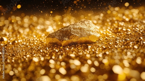 Gold nugget on glittering gold surface.