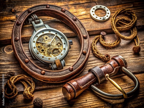 Aerial View of a Stylish Skeleton Watch Arranged with a Horseshoe, Emphasizing Craftsmanship and Unique Design Elements for Watch Enthusiasts and Collectors