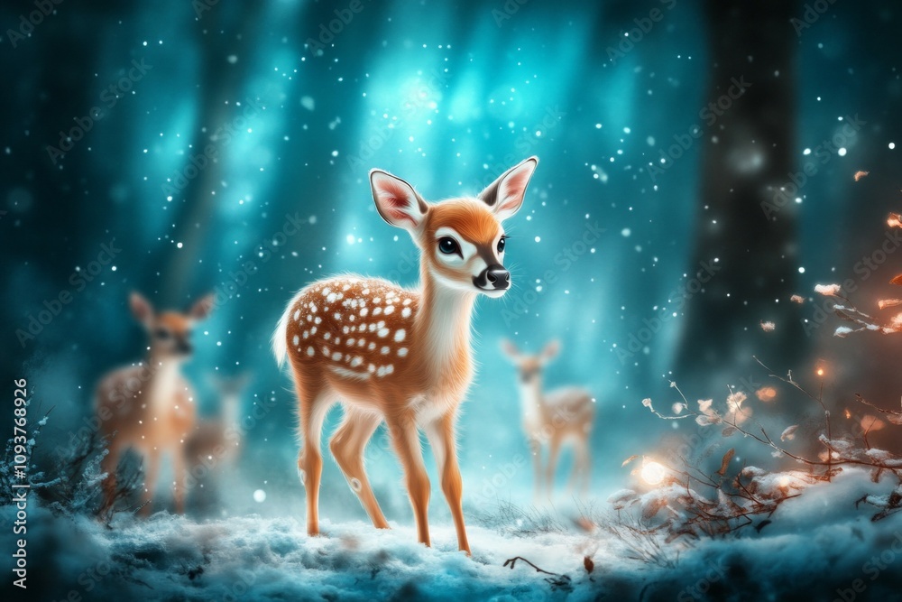 Young fawn in snowy forest with glittering light and other deer Young fawn in snowy forest with glittering light and other deer