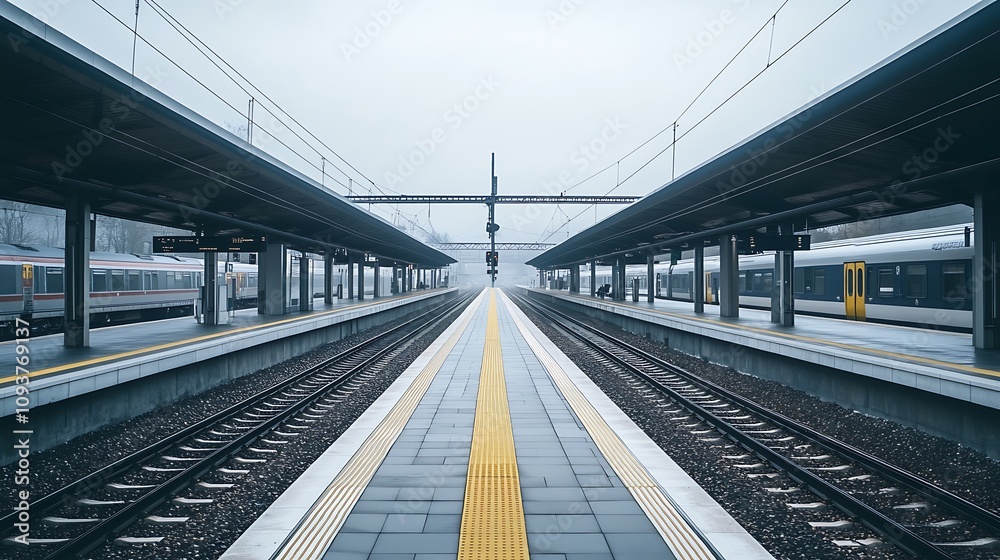 Here's a description following your specifications.. Empty train platform on a foggy day. Here's a description following your specifications.. Empty train platform on a foggy day.