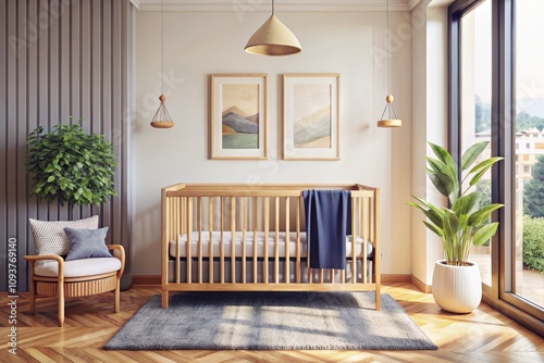 Modern nursery room with a poster, warm natural light streaming through large windows, wooden furniture, and soft earthy tones