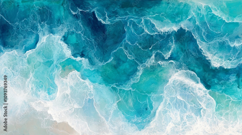Obraz premium An aerial view of ocean waves gently rippling, with hues of turquoise and white foam blending seamlessly for a tranquil and refreshing feel.