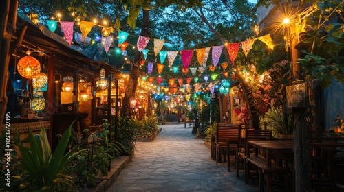 An outdoor setting with a pathway leading to a charming building, decorated with string lights and colorful flags, inviting visitors to explore