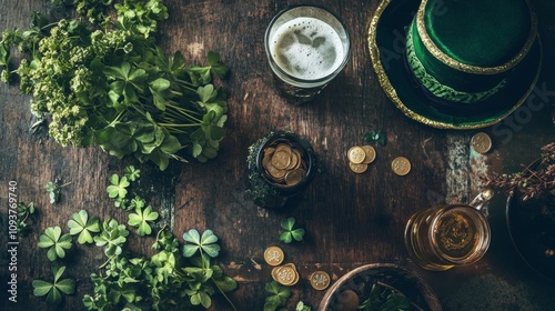 A flat-lay of beautifully decorated St. Patrick's Day items: shamrocks, gold coins, a green top hat, and a pint of beer, placed on a rustic wooden table photo