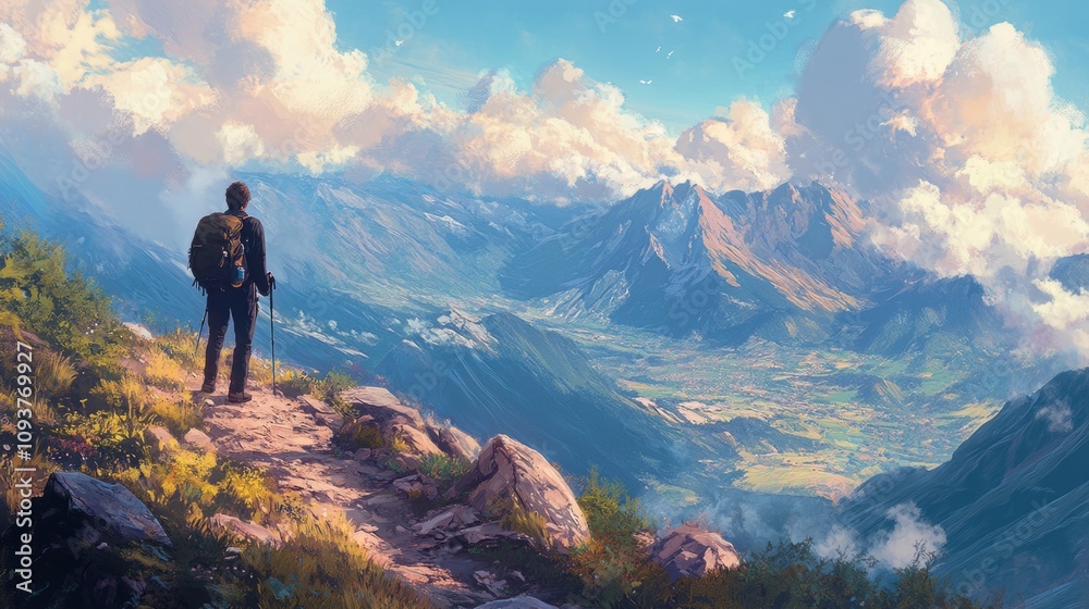 A lone hiker pausing on a mountain trail to gently remove a piece of litter from the ground, with breathtaking views of valleys and clouds in the distance A lone hiker pausing on a mountain trail to gently remove a piece of litter from the ground, with breathtaking views of valleys and clouds in the distance