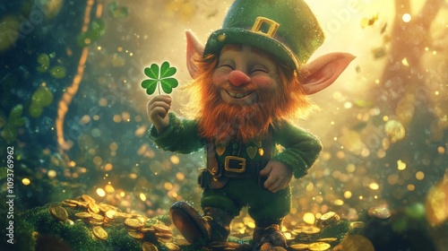 A leprechaun holding a four-leaf clover, winking playfully, surrounded by sparkling gold coins and an enchanted, misty landscape photo