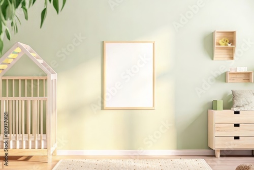 Modern nursery interior with a blank frame on the wall, geometric accents, and warm orange tones, featuring a crib and cozy decor elements