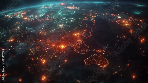 A network of glowing digital nodes connecting different continents, symbolizing the globalized economy powered by technology.