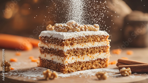 Delicious carrot cake slice with cream and walnuts on a wooden table