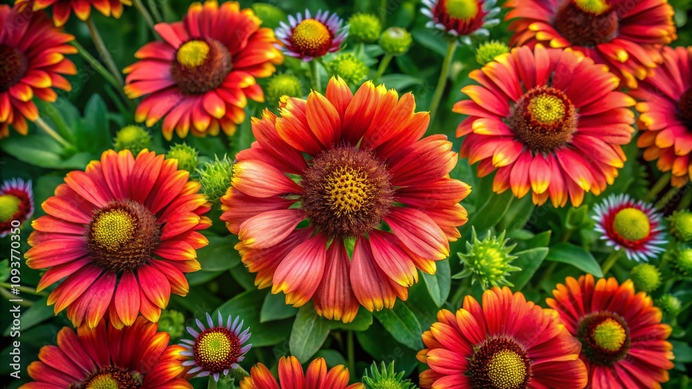 Aerial View of Blooming Red Gaillardia Flowers on Lush Green Background Capturing Nature's Vibrant Colors and Patterns in Full Bloom for Botanical Enthusiasts and Garden Lovers Aerial View of Blooming Red Gaillardia Flowers on Lush Green Background Capturing Nature's Vibrant Colors and Patterns in Full Bloom for Botanical Enthusiasts and Garden Lovers