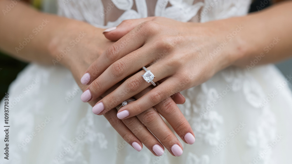 A woman is holding her hands together, with a large diamond ring on her left hand. The ring is surrounded by a layer of sand, giving it a unique and elegant appearance A woman is holding her hands together, with a large diamond ring on her left hand. The ring is surrounded by a layer of sand, giving it a unique and elegant appearance