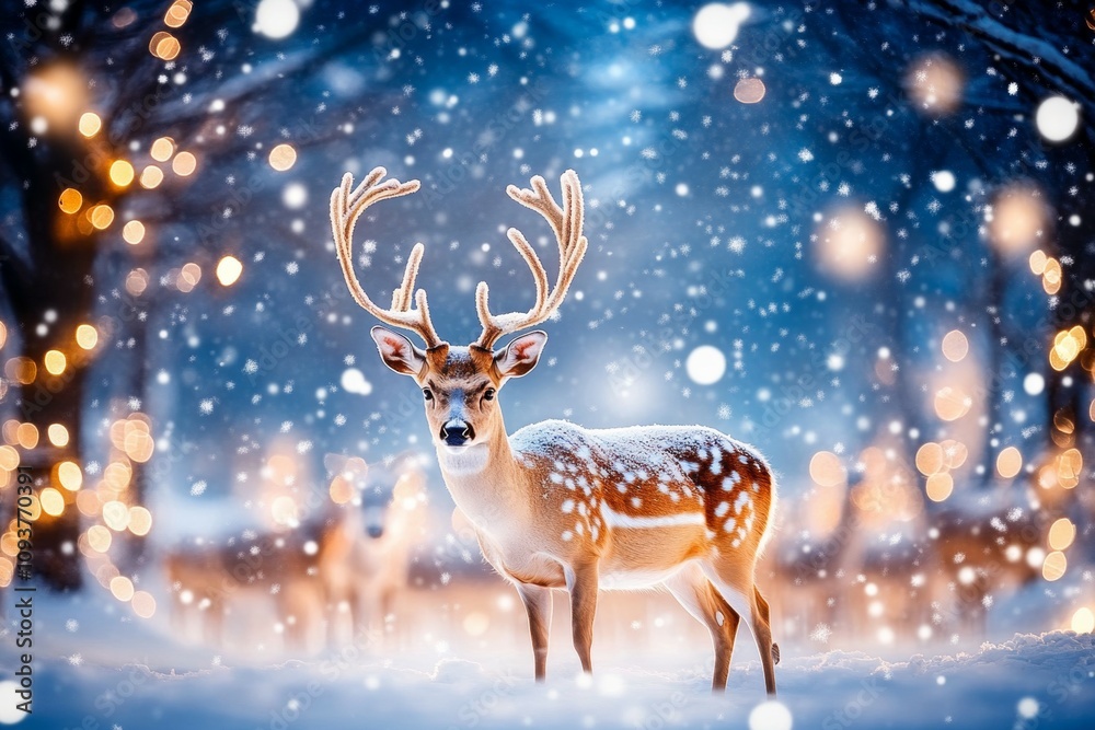 Majestic deer in winter wonderland with snow and bokeh lights Majestic deer in winter wonderland with snow and bokeh lights