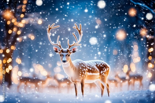 Graceful deer standing in enchanted snowy forest with twinkling lights at night