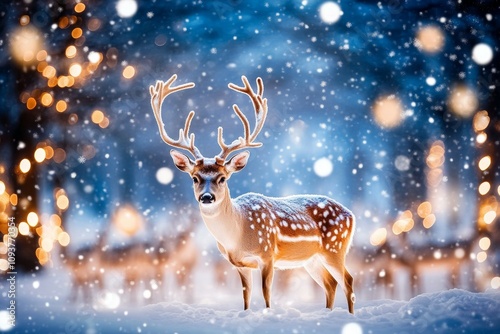 Majestic deer in snowy enchanted forest with twinkling lights