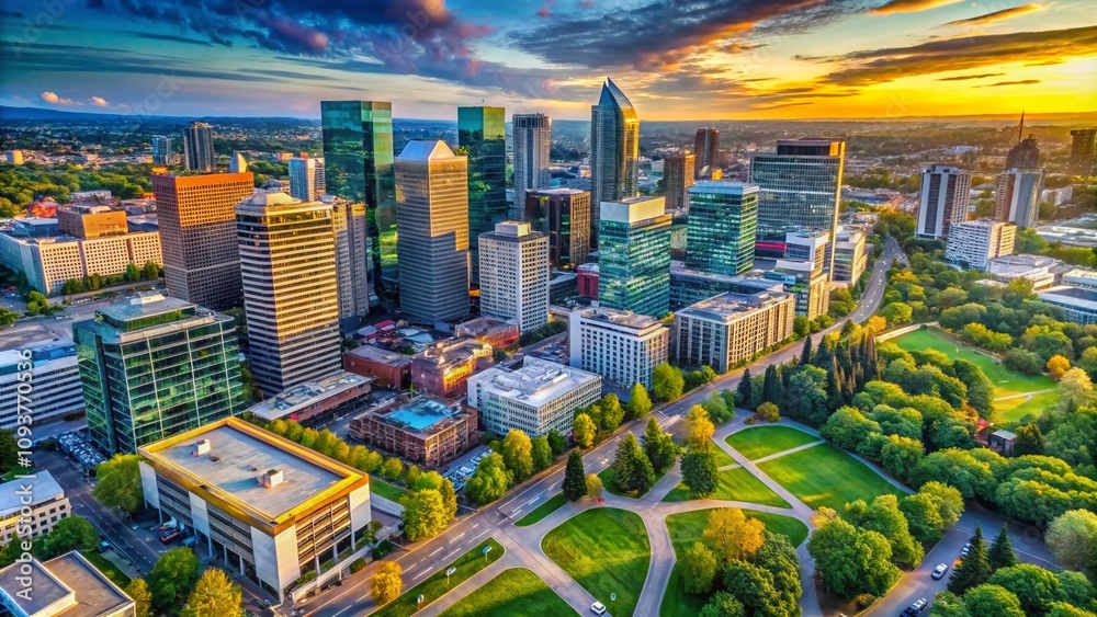 Fototapeta premium Aerial View of Business Growth and Progress with Expanding Cityscape and Modern Office Buildings, Symbolizing Success in Corporate Development and Innovation