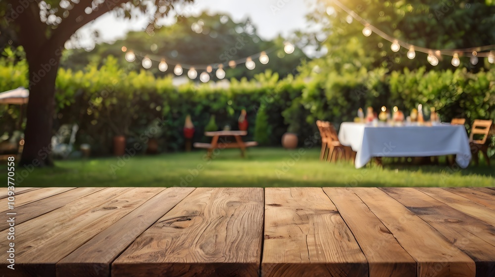 Empty wooden table with party in garden background blurred. Empty wooden table with party in garden background blurred.