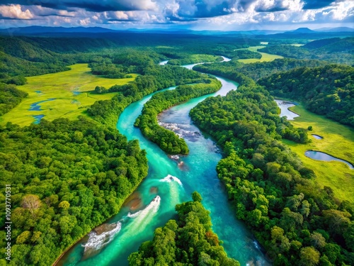 Aerial View of Bujuku and Mubuku River Confluence Amidst Lush Tropical Landscape Featuring Glacial Rivers and Scenic Nature Vistas in a Vibrant Ecosystem photo
