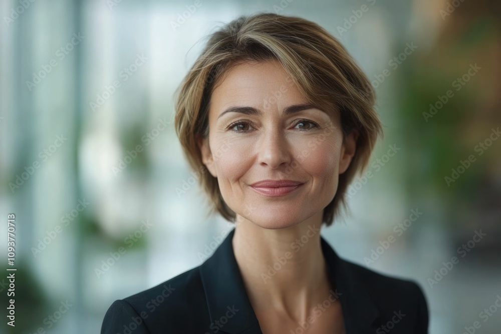 Close-up headshot of confident European mature, good looking middle-aged leader, businesswoman CEO on blurred office background. Beautiful senior European businessman smiling at the camera Close-up headshot of confident European mature, good looking middle-aged leader, businesswoman CEO on blurred office background. Beautiful senior European businessman smiling at the camera