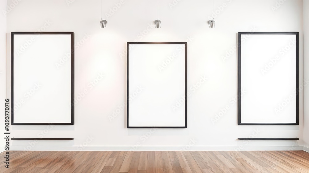 Three vertical mock up posters displayed on a white wall background, room, template, white wall Three vertical mock up posters displayed on a white wall background, room, template, white wall