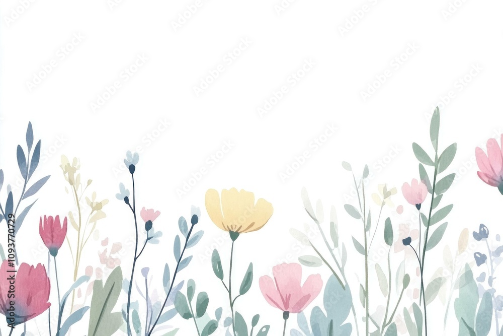 Naklejka premium Beautiful floral illustration with pastel-colored flowers and delicate green leaves on a white background, perfect for spring-themed designs.