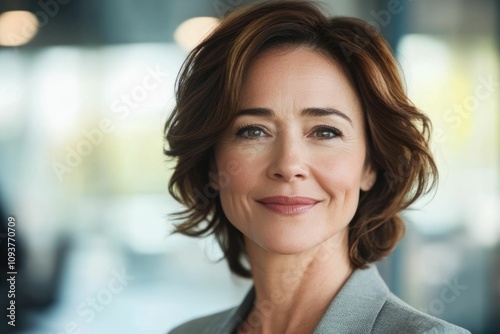 Close-up headshot of confident European mature, good looking middle-aged leader, businesswoman CEO on blurred office background. Beautiful senior European businessman smiling at the camera