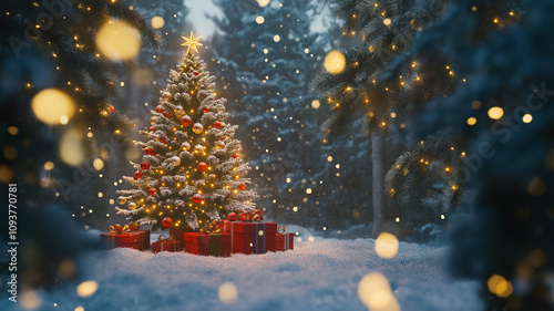 Kartka świąteczna na Boże Narodzenie. Prezenty pod choinką 