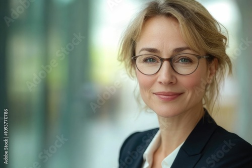 Close-up headshot of confident European mature, good looking middle-aged leader, businesswoman CEO on blurred office background. Beautiful senior European businessman smiling at the camera