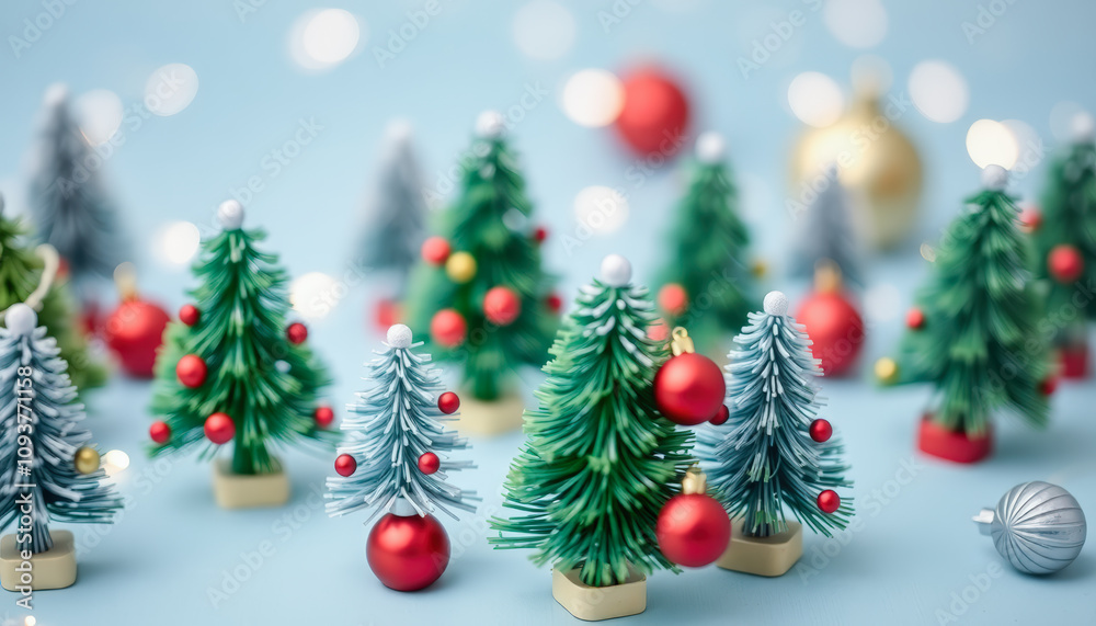 Miniature Christmas Trees with Red Ornaments on Light Blue Background Miniature Christmas Trees with Red Ornaments on Light Blue Background