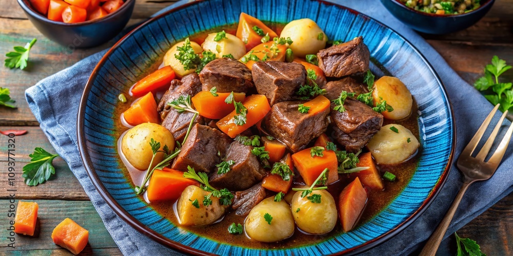 Aerial View of Delicious Beef Stew with Potatoes and Carrots Served in a Blue Plate, Perfectly Garnished for a Cozy Dinner or Comfort Food Presentation Aerial View of Delicious Beef Stew with Potatoes and Carrots Served in a Blue Plate, Perfectly Garnished for a Cozy Dinner or Comfort Food Presentation