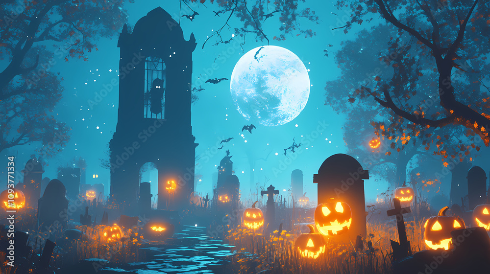 Misty halloween cemetery with glowing pumpkins under moonlight. Mystic Lantern Glow. Illustration Misty halloween cemetery with glowing pumpkins under moonlight. Mystic Lantern Glow. Illustration