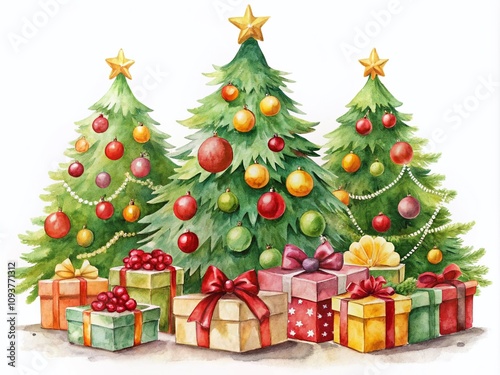 Watercolor Christmas Trees with Ornaments and Gift Boxes Underneath - Festive Holiday Illustrations in Vibrant Christmas Colors for Seasonal Decor and Marketing Use