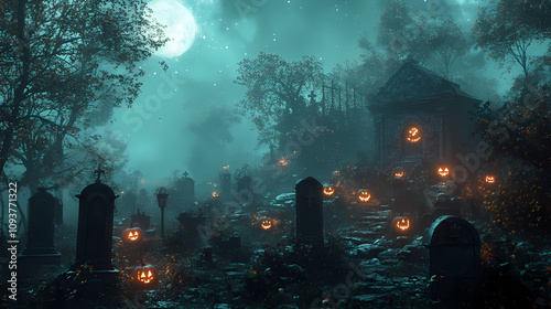 Misty halloween cemetery with glowing pumpkins under moonlight. Mystic Lantern Glow. Illustration