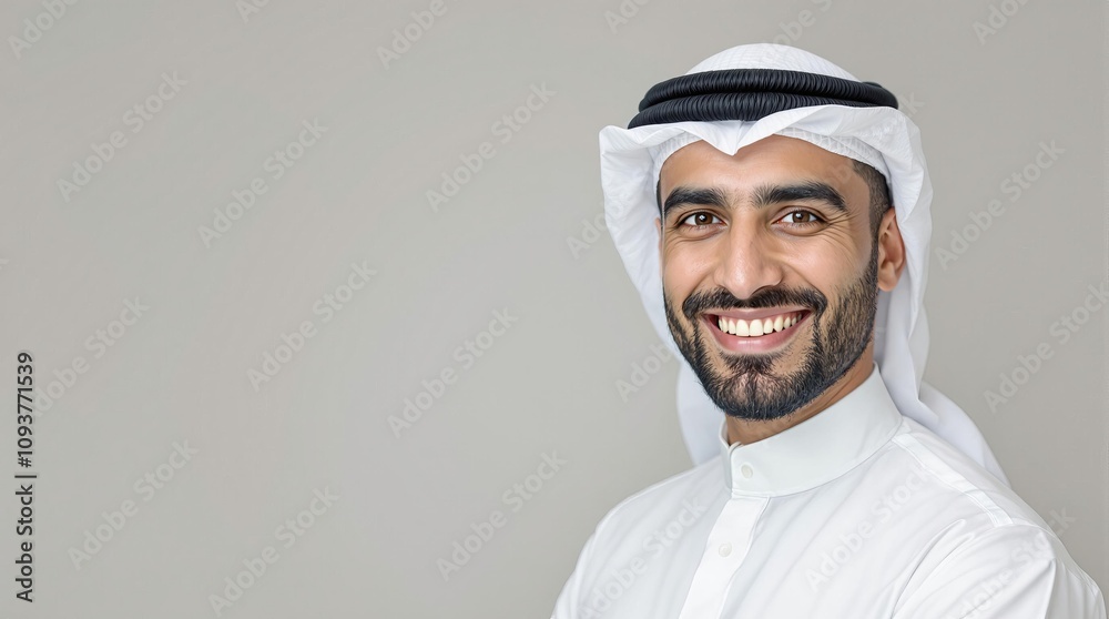 Confident middle eastern man in traditional wear smiling against gray background