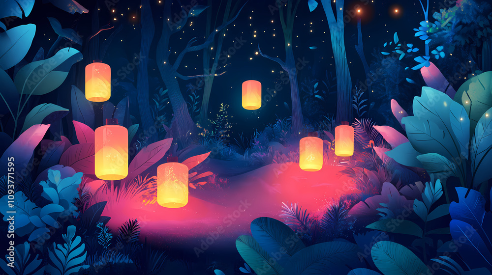 Obraz premium Enchanted forest with mystical creatures and glowing lanterns, fantasy, night, enchanted, forest, magical, creatures. Mystic Lantern Glow. Illustration