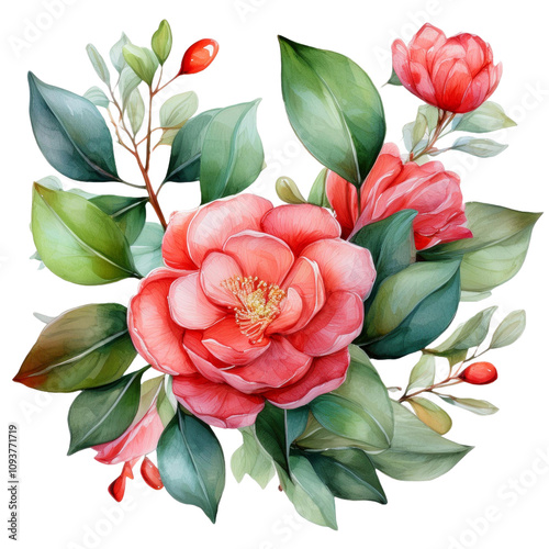 Refreshing Watercolor Green Vine with Eucalyptus Leaves and Soft Pink Carnations Isolated on Transparent Background for Floral Decor