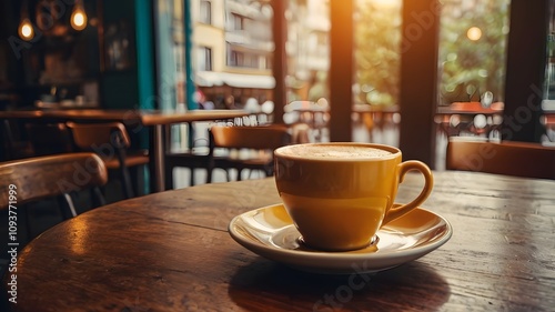 Cup of hot coffee on table in cafe with people. vintage and retro color effect