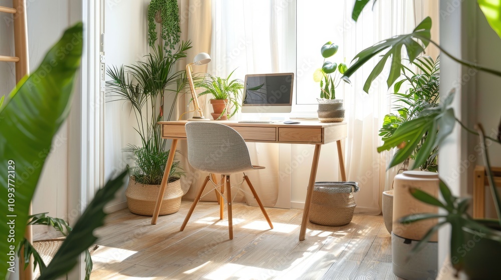 Fototapeta premium Minimalistic Home Office with Wooden Desk and Abundant Plants