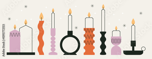 A set of vintage candle holder. Candlestick collection. Scandinavian design. Hygge Christmas. Modern house interior decor elements. Burning candles vector illustration. Flat trendy abstract style