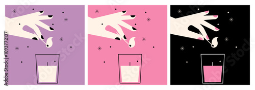 A set of 3 square hygge themed illustrations. Hand lighting candle in glass jar. Humans hand holding match stick burning with fire flame. Wooden match with fire in hand. Flat vector illustration